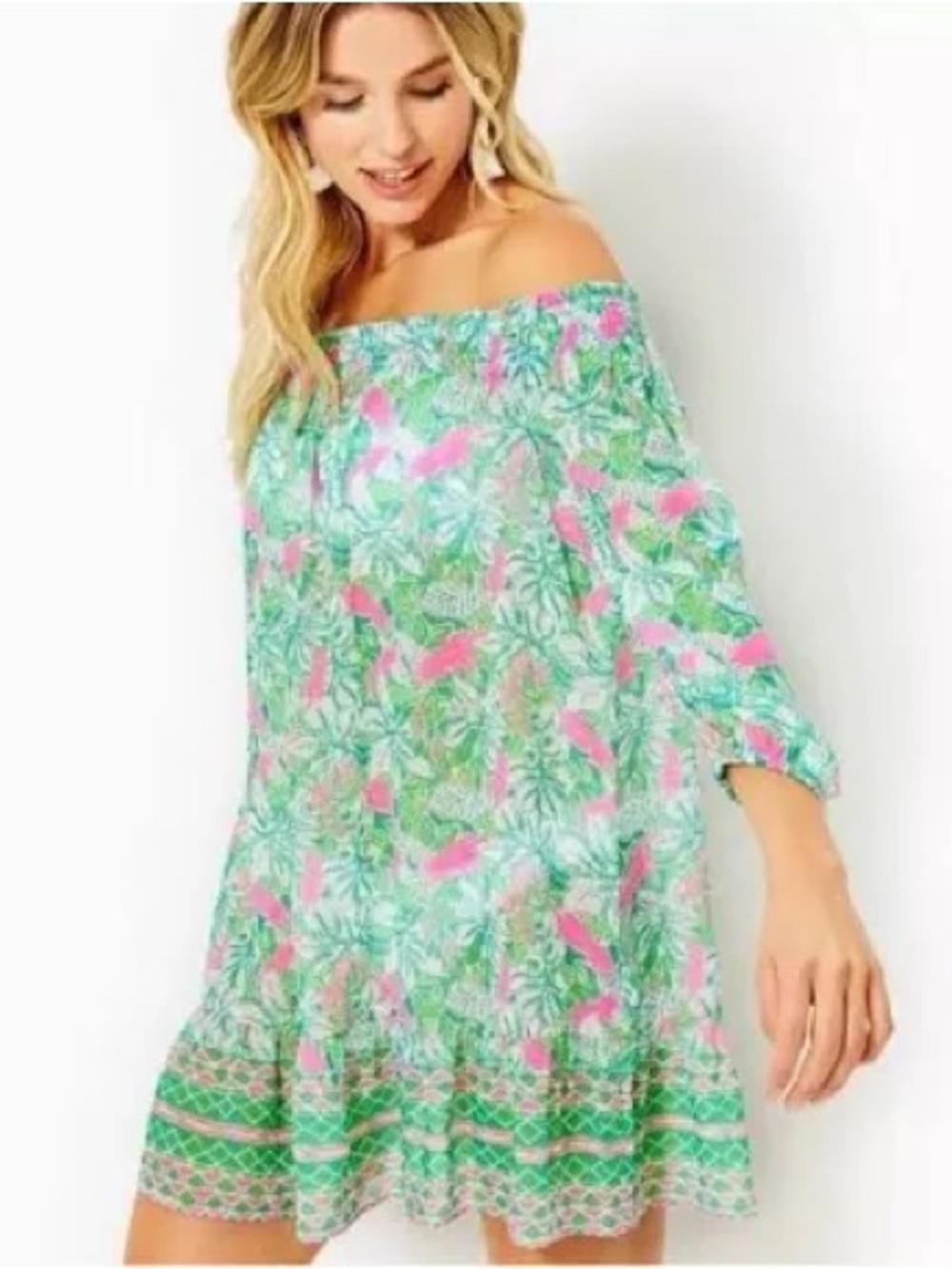 Lilly Pulitzer Mint Green & Pink Floral Off-Shoulder Tunic